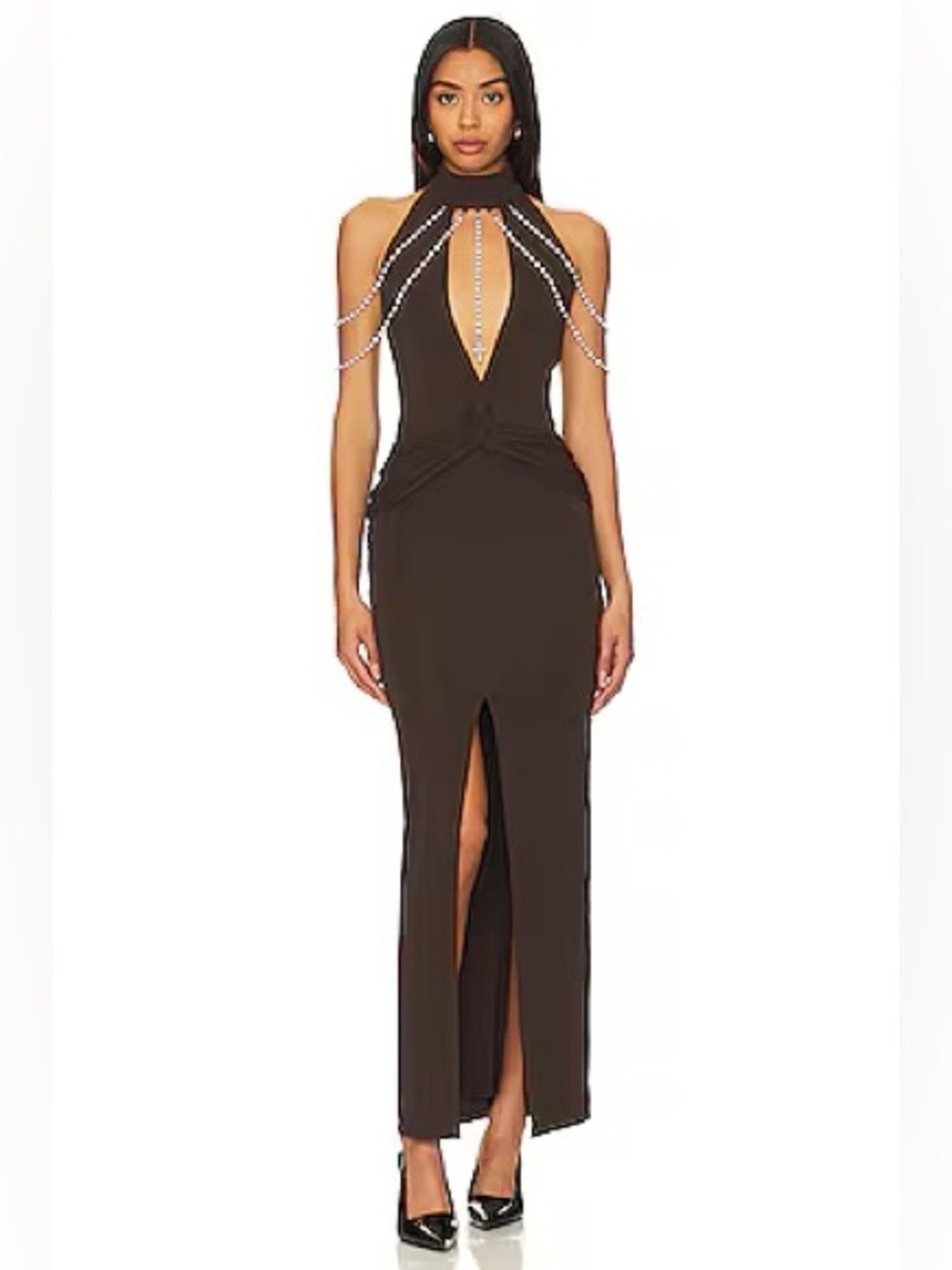 Loba Debora Halter Maxi Dress Brown Rhinestone Formal Gown NWT Size S
